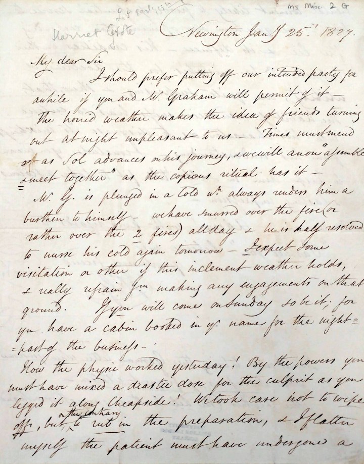 A handwritten letter from Harriet Grote in cursive rescheduling a salon with John Arthur Roebuck.