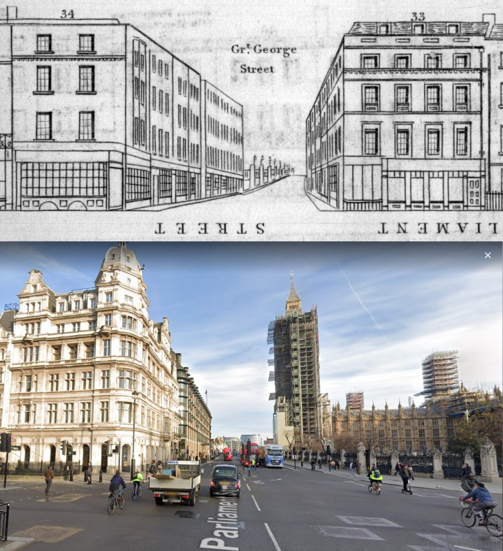Two images on top of each other of the street view of 34 Parliament Street. On the top is a black and white line drawing of the street, on the left is 34 Parliament street and in the middle is a road Gr. George Street which goes towards a bridge. There is another building to the right which are both flat roofed and have four floors. The bottom image is a google maps street view. To the right is the houses of Parliament, with Big Ben under construction. On the road it is full of cyclists, buses and other cars. 
