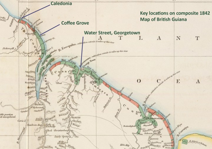A map of British Guiana with three locations (Caledonia, Coffee Grove & Water Street) highlighted