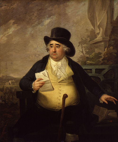 A three-quarter length portrait of Charles James Fox. Sitting on an outside bench, with the bottom of a white marble statue in the top right of the picture, and to the left a country landscape. He is wearing dark trousers, a yellow buttoned up waistcoat, a black coat jacket, and a white shirt with a white lacy necktie. He is clean shaven with grey hair just peaking out of a large brimmed black top hat, with black eyebrows. Leaned on his left knee is a brown walking stick, and beside him on the bench is a pile of paper, and in his rght hand he is holding sheets of paper.