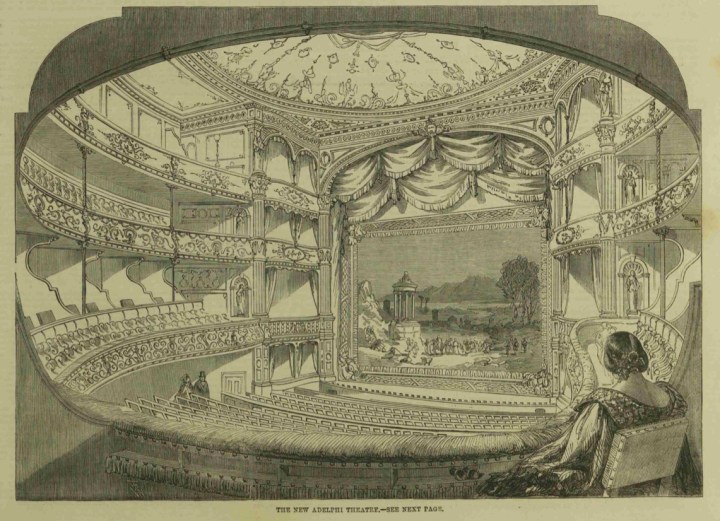 A sketch of the Aldephi Theatre from a view from the dress circle seating overlooking the stage and the stalls. On the stage is a stage cover depicting a line of people moving towards a monument in the open landscape. In the bottom left in the dress circle is a victorian dressed women overlooking the theatre. 