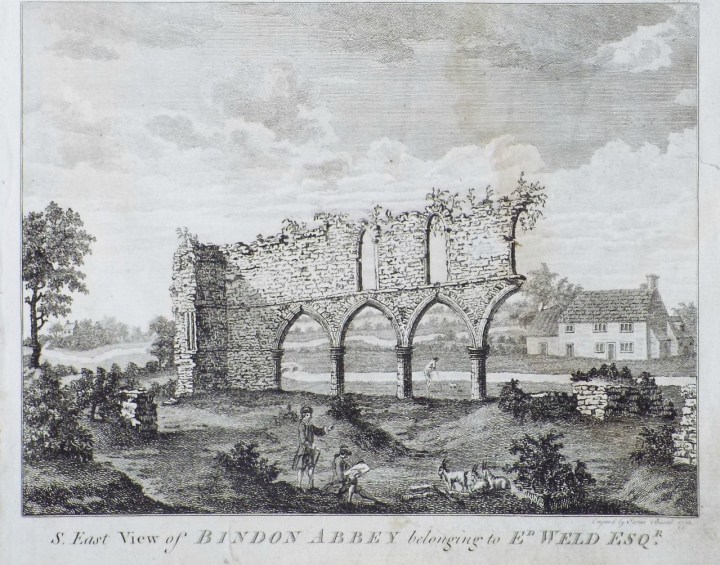 Drawing of the ruins of Bindon Abbey. A country scene shows a ruined wall with three arches, covered overgrown foliage. Two male figures sit in the foreground alongside a number of goats. A farmhouse is in the background.