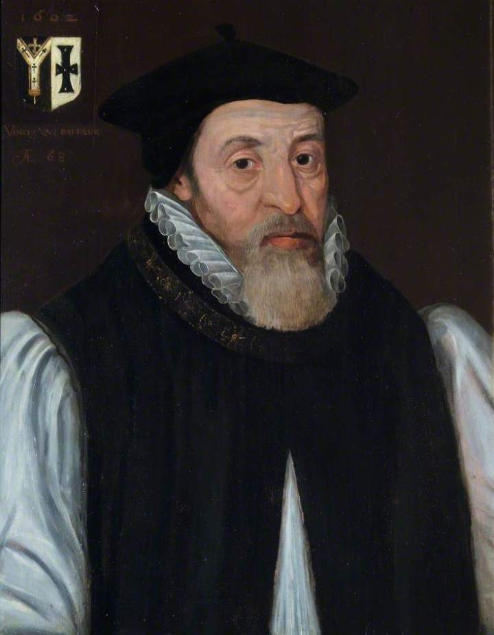 A half-length 16th century portrait of a man with a beard, wearing a black hat, a white ruff and a waistcoat. A coat of arms is painted in the top left-hand corner with the date '1602' above.