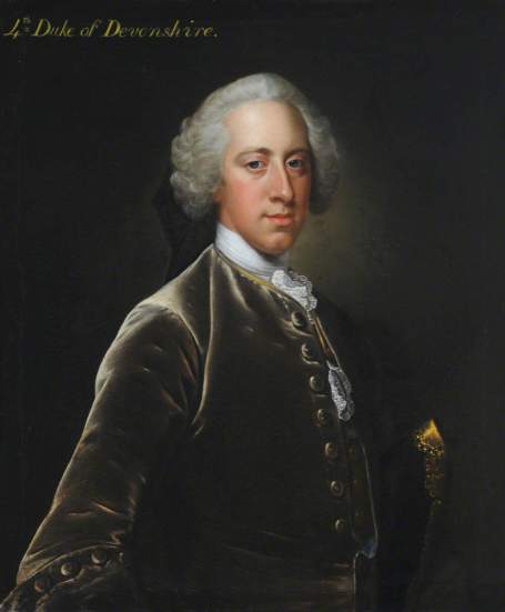 Oil portrait of Devonshire in a white shirt with frilled cravat collar and a grey velvet jacket. He has grey hair, tied back, with short curls around his face.