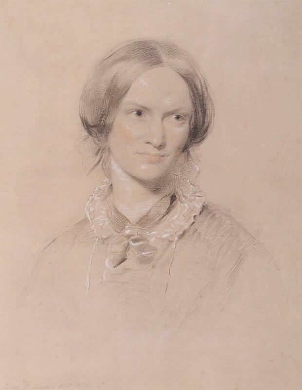 A chalk sketch on browned paper of a women. Only from the shoulders up, she is drawn with a dark top with a with frilled collar. She is looking off to the right, with her hair neatly parted and tied back. She has some subtle pink colouring on her cheeks and lips. 