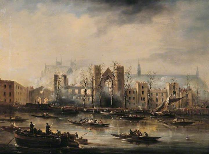 A landscape painting depicting the aftermath of the fire of 1834. Set in the daytime from the River Thames, the painting overlooks what is left of the Palace of Westminster. In the middle of the painting is the shell of the palace, bathed in light smoke. The facade of the building is in tact, but the interior of the palace has all collapsed. Outside the front of the palace is lined with 11 trees, all burnt to the trunk and brances. In the foreground is the river, with multiple boats on the river overlooking the ruins of the palace.