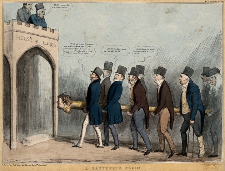 Two men stood high up on a crenelated building inscribed "House of Lords" peer down at a group of politicians in top hats carrying a battering ram with the head of Daniel O'Connell.