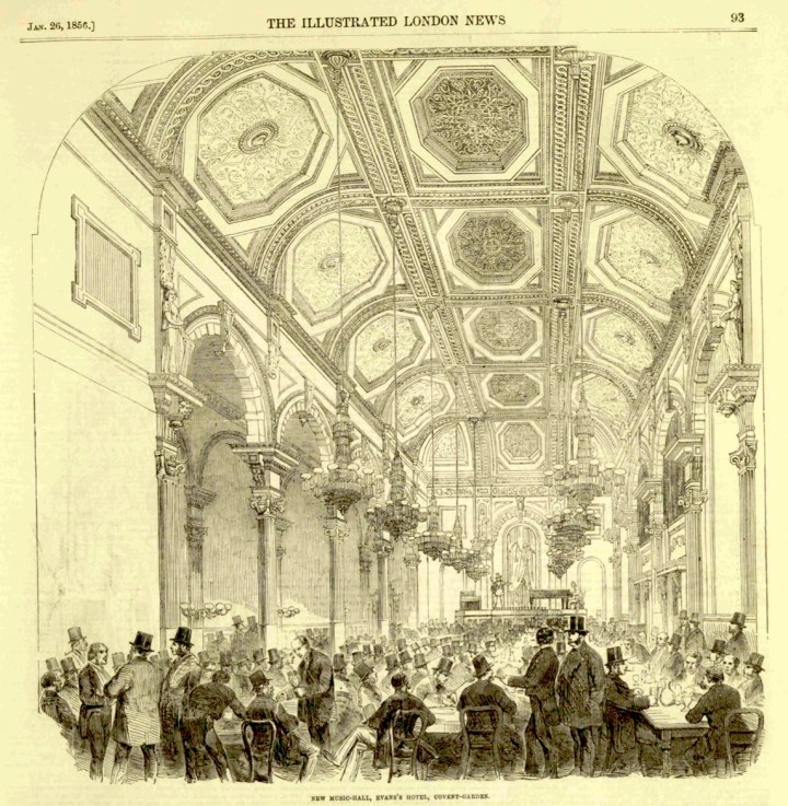 A sketch of Evans's supper room on yellowed paper. The supper room is a high ceilinged room with an ornately decorated ceiling, with eight chandeliers hanging down. The hall is flanked by ornate pillars. In the cnetral hall, it is full of men sitting down at three long tables, all smartly dressed in top hats. At the far end is a stage with a piano on top. 