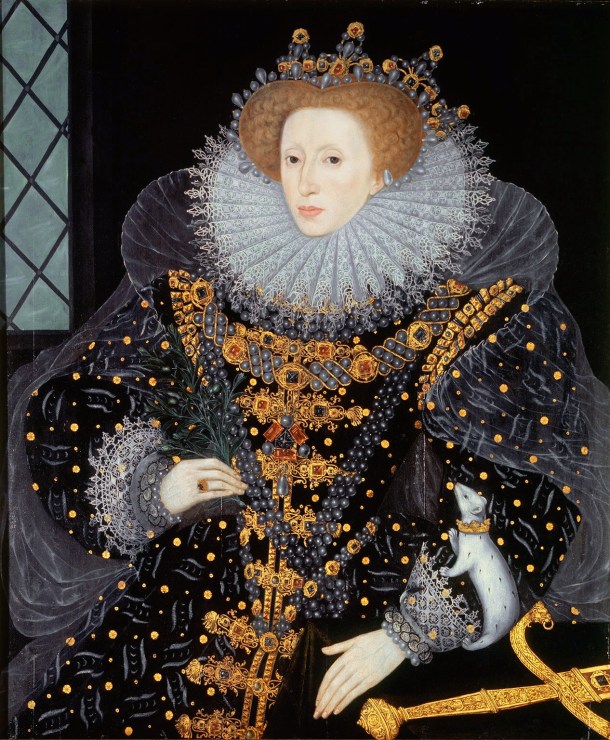 Portrait of Elizabeth I. She is dressed in a black gown with large puffed full length sleeves, a white lace ruff around her neck and matching lace cuffs. The gown is covered in gold embellishments. There is a small white ferret on her arm and a sprig of herbs in her hand. Elizabeth has red hair, pulled up with pearls around it, and is wearing a gold crown with black and red stones.