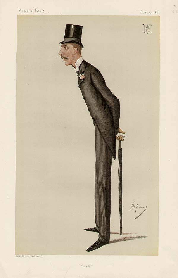 Caricature of a tall, thin man. He is dressed in a black suit with pinstripe trousers and is wearing a black top hat. He has a moustache. He is holding a furled umbrella behind him.