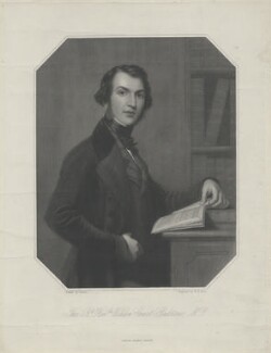 A black and white print of a white man stood up. The top half of his body is in view. He is stood by a bookshelf, his left arm is leant on the shelf holding an open book. He has dark short hair and is wearing a dark jacket.