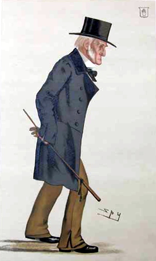 Caricature drawing of a tall elderly man. He is wearing a top hat, a long blue coat, a white short, brown trousers , a black cravat and black shoes. He is carrying a stick but is not leaning on it.