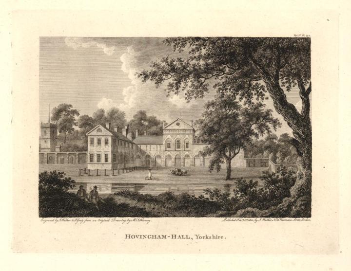 A  black and white print of Hovingham Hall, home of the Worsley family. In the middle of the picture is the two story building with seven brick outlined arches on the ground floor, and three above with windows. To the left a section of the house protrudes forward with sets of three windows on both floors at the end. To the left of the Hall you can see further in the background a church tower. In the foreground there is some dense shubbery with two men sitting down, to the right a large tree looms over the picture and over the house from its forward perspective. The title of the image underneath reads 'Hovingham Hall, Yorkshire'. 