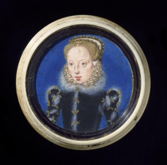 A portrait in a circular frame of a white woman with blonde hair. She is wearing blue clothing, a white ruffled collar with gold trim, and a white head piece with gold trim.