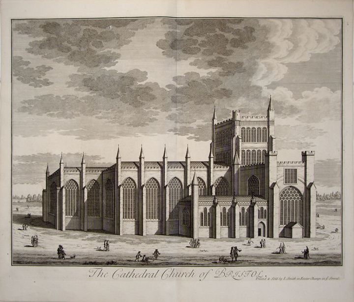 Line drawing of Bristol Cathedral, black pencil on off white coloured paper. The Cathedral is in the centre of the image, with the door on the right hand side. A variety of people are drawn around the grounds of the Cathedral, with clouds overhead.
