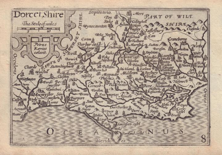 Map of Dorsetshire from 1599. Map is in black ink on off-white coloured paper. At the bottom of the map reads 'Oceanus'.