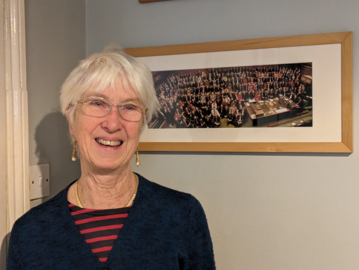 Image of Phyllis Starkey. She has short white hair, wire framed glasses, gold and pearl drop earrings, and is wearing a red and black striped top with a navy cardigan over the top. She is smiling broadly, stood in front of a framed picture of the House of Commons chamber.