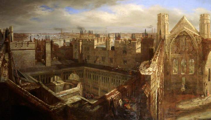 A painting panorama of the ruins of the Old Palace of Westminster after the fire of 1834. In the foreground to the right is the remains of St Stephen's chapel, the roof is completely gone as well as the windows at the far end, with the inside of the hall also baron. To the left is a squarer room also with its roof missing. Behind this is a panoramic view of 1830s London. 