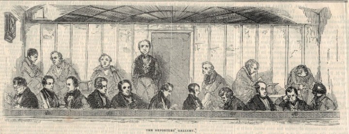 A black and white drawing looking into a small viewing gallery. Seventeen men are sitting in two rows. Many of them are taking notes. Another man stands next to the door at the back of the gallery.