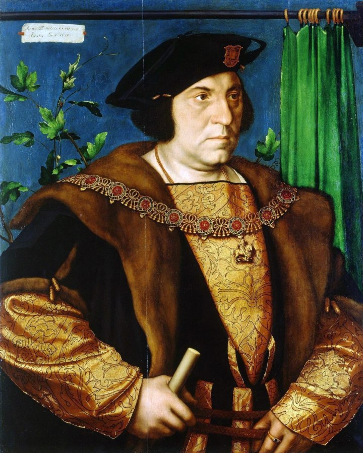 Half portrait of Sir Henry Guildford. He is stood in front of a blue backdrop and green curtain, with some foliage behind him. He has a pale face and dark hair that just covers his ears, with a black cap on his head. He wears a gold embroidered tunic with long sleeves, a brown fur trimmed cloak, and a gold beaded necklace around his neck.