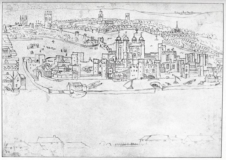 A 1500s pencil sketch of a view of London. at the bottom is empty representing the water. In the middle starts the land and the Tower of London. Behind is the sketched outline of the rest of the city, with churches peering over the rest of the skyline. Behind the city is hills and in the top right on the hills is a small town outline.