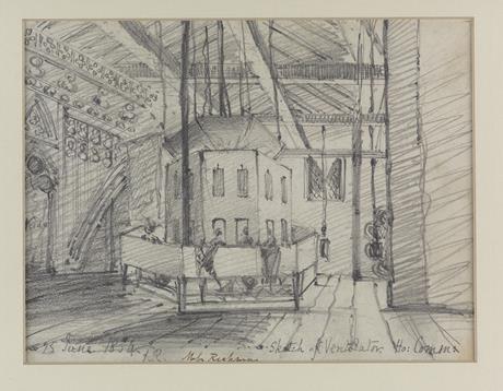 A pencil drawing of the ventilator at St Stephens. The drawing shows the ventilator shaft protruding into the attic. It is a wooden structure with multiple window-like gaps. A group of women are drawn leaning their heads into these gaps to listen.