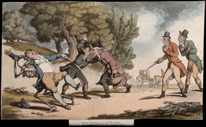 Colour drawing showing five men engaged in a duel with woodland in the background. Two men are holding pistols, one has been shot. The injured man is falling backwards, being caught by a skeleton.