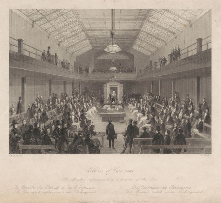 A line engraving titled 'House of Commons, the Speaker reprimanding a person at the bar'. In the foreground there is a walkway into the middle of the room, with two rows of benches either side. The middle of the room has a table with the despatch boxes on top. Behind the table stands the Speaker with his wig and robe. Either side of the room are four rows of benches, with a viewing gallery above. The room is full of MPs sitting on the benches and a few viewing from the gallery.
