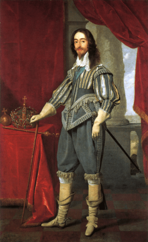 An oil portrait of the full-body of a white man - Charles I. He is standing next to a table covered in a red cloth. On the table is the crown, sceptre and orb. 