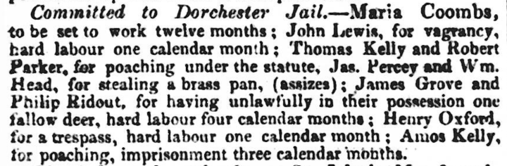 A newspaper list of people committed to jail. It reads: Committed to Dorchester Jail - Maria Coombs, to be set to work twelve months; John Lewis, for vagrancy, hard labour one calendar month; Thomas Kelly and Robert Parker, for poaching under the statute, Jas. Percey and Wm. Head, for stealing a brass pan, (assizes); James Grove and Philip Ridout, for having unlawfully in their profession one fallow deer, hard labour four calendar month; Henry Oxford, for a trespass, hard labour one calendar month; Amos Kelly, for poaching, imprisonment three calendar months.