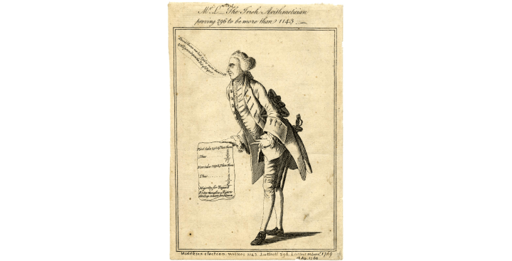 Picture of a man wearing a wig and frock coat holding a piece of paper.