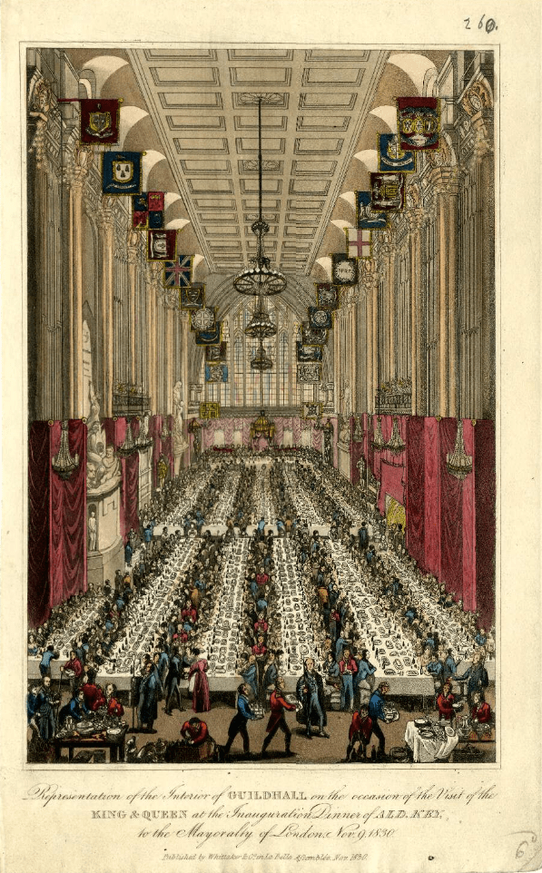 Print of Guildhall titled at the bottom 'Representation of the Interior of Guildhall on the occasion of the visit of the King & Queen at the Inauguration Dinner of Ald. Key to the Mayoralty of London, Nov. 9. 1830'. The print shows the interior of Guildhall during the banquet; guests seated at long tables covering the length of the room; waiters active in foreground; the king and queen seated at far end; flags displayed along both sides of the room.