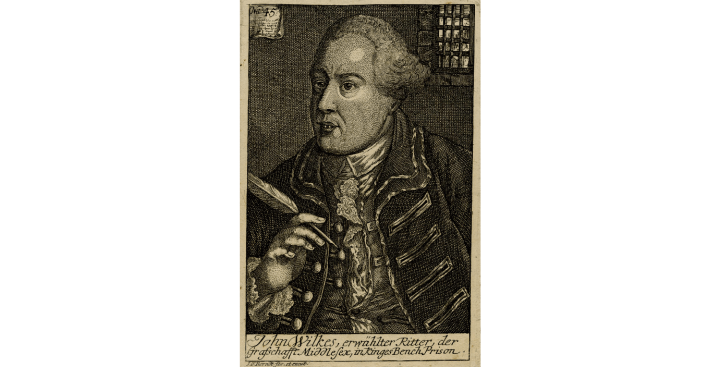 Engraving of a man wearing a light grey wig holding a pen and dressed in an embroidered coat, with an open waistcoat and frilly cravat. In the background is a grille showing he is in prison.