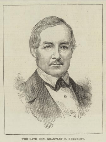 An illustrated half-length portrait of a man with no background, with the line underneath reading 'The late Hon. Grantley F. Berkeley'. He is smartly dressed, wearing a black suit jacket, a white collared shirt with a black bowtie. He he a thin moustache with combed parted medium length hair. 