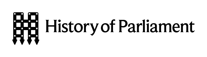 Image of black logo on white background. On the left hand side is a portcullis shaped like a capital H and the words History of Parliament following it.