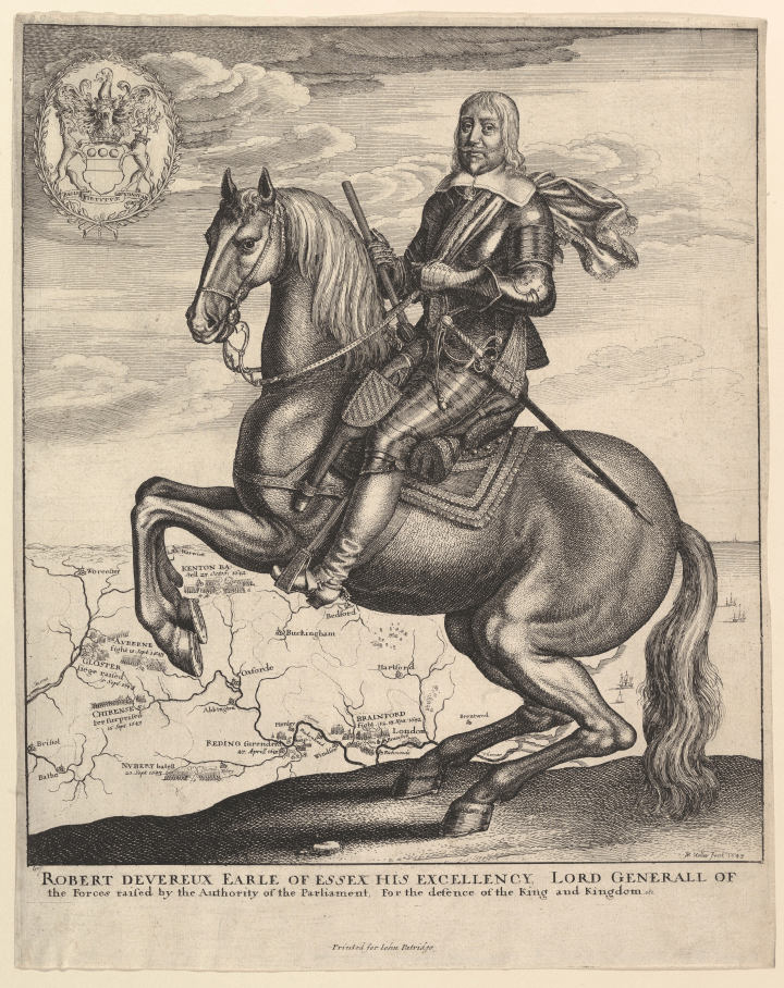 Portait of Robert Devereaux, 3rd earl of Essex by Wenceslas Hollar. Essex is on horseback, with the horse rearing up on its hind-legs. Essex is wearing armour, with a cloak floating in the wind, and has a sword in a scabbard hanging from his side. The background is a map of south-east England and of the English coastline. In the top left corner is a coat of arms. Along the bottom of the image runs the inscription 'Robert Deveareaux earle of essex his excellency Lord Generall of the forces ratified by the authority of the Parliament for hdefence of the King and kingdom'. 