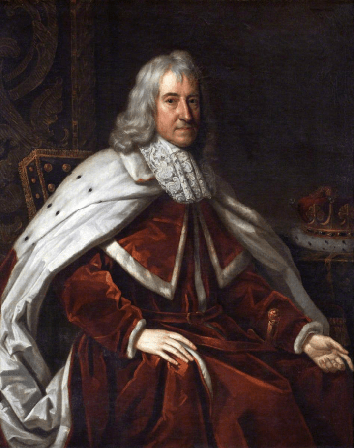 Portrait of John Robartes, 2nd Robartes of Truro. Robartes is seated, with a crown placed on a small table next to him. He is clean shaven with shoulder-length gray hair. He is wearing red robes and an ermine fur cloak.
