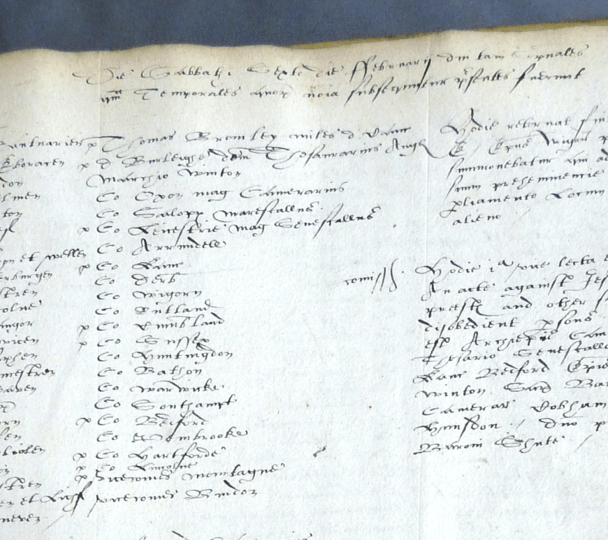 A page from the Lords' Journals in 1585 with three columns of text