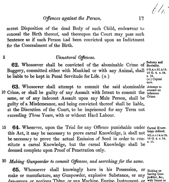 A section of the Offences Against the Person Act, defining unnatural offences. It reads:
Offences against the Person.
secret Disposition of the dad Body of such Child, endeavour to conceal the Birth thereof, and thereupon the Court may pass such Sentence as if such Person had been convicted upon an Indictment for the Concealment of the Birth.
Unnatural Offences.
62. Whosoever shall be convicted of the abominable Crime of Buggery, committed either with Mankind or with any Animal, shall be liable to be kept in Penal Servitude for Life.
63. Whosoever shall attempt to commit the said abominable Crime, or shall be guilty of any Assault with Intent to commit the same, or of any indecent Assault upon any Male Person, shall be guilty of a Misdemeanor, and being convicted thereof shall be liable, at the Discretion of the Court, to be imprisoned for an Term not exceeding Three Years, with or without Hard Labour.
64. Whenever, upon the Trial for any Offence punishable under this Act, it may be necessary to prove carnal Knowledge, it shall not be necessary to prove the actual Emission of Seed in order to constitute a carnal Knowledge, but the carnal Knowledge shall be deemed complete upon Proof of Penetration only.