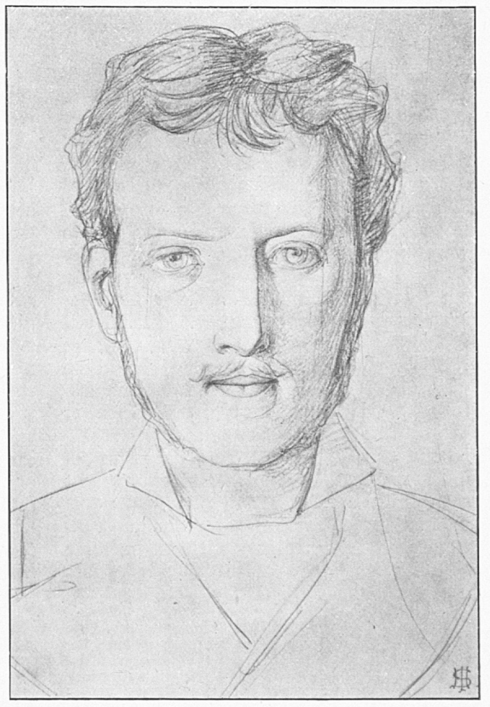 A half-length pencil drawing of Ronald Gower. Wearing a undetailed vague outline of a shirt, he has faint wispy facial hair and messy short length hair, he looks quite youthful.