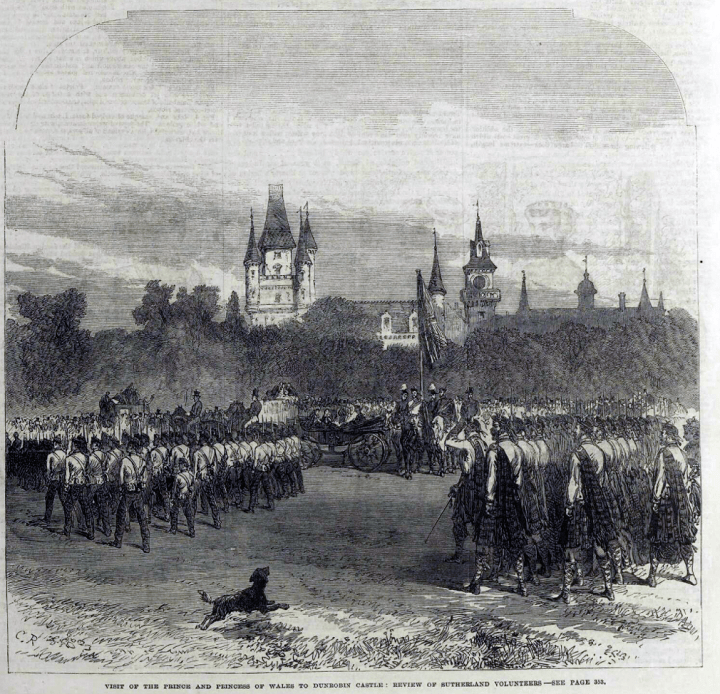 A sketch of a royal visit to Dunrobin Castle. The caption reads: Visit of the Prince and Princess of Wales to Dunrobin Castle: Review of the Sutherland Volunteers. In the sketch, a royal millitary, some of which dressed in kilts and Scottish dress, are in a procession walking from right to left across the sketch. In the middle of the procession is an open horsedrawn carriage. In the background is Dunrobin Castle, appearing over dense trees, so only the spires and top windows of the castle are visible. In the foreground, a small black dog is running in the opposite direction to the parade.